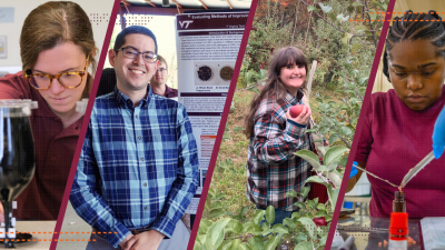 Four photos of graduate students doing various research projects.