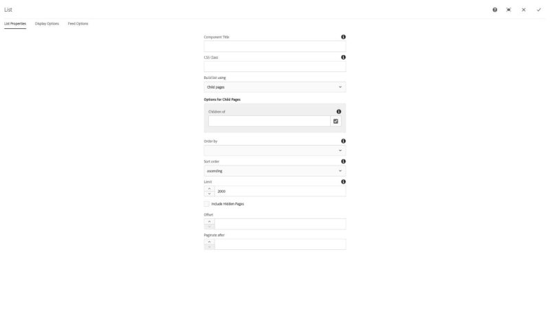 List Component List Properties Build list using Child Pages configuration dialog options