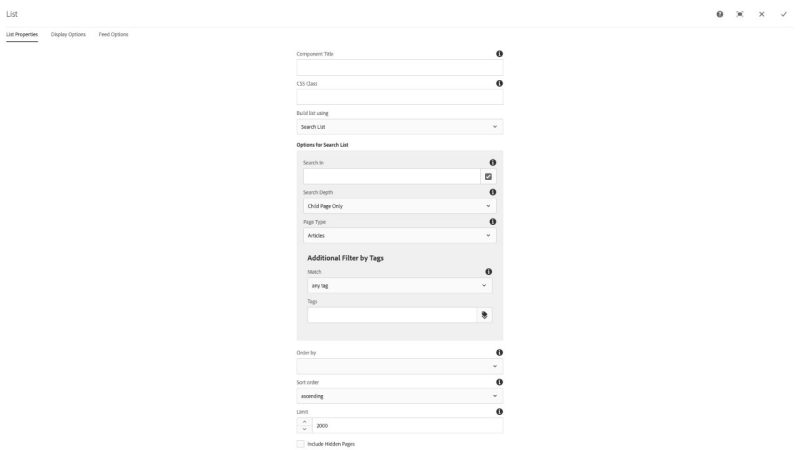 List Component List Properties Build list using Search List configuration dialog options