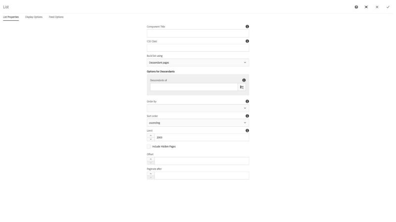 List Component List Properties Build list using Descendant Pages configuration dialog options