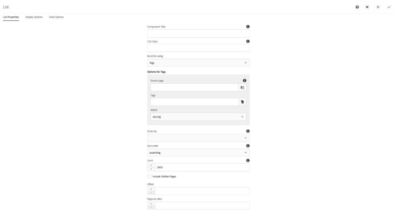 List Component List Properties Build list using Tags configuration dialog options