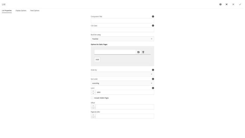 List Component List Properties Build list using Fixed list configuration dialog options