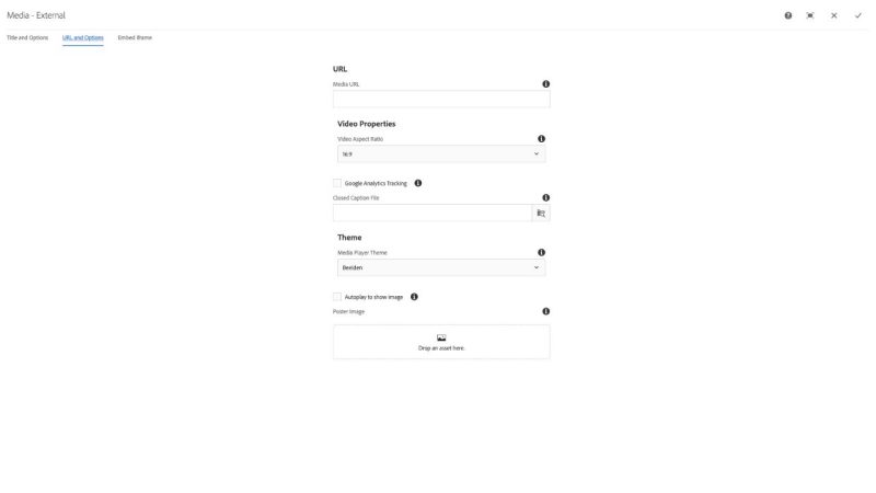 Media External Component URL and Options configuration dialog