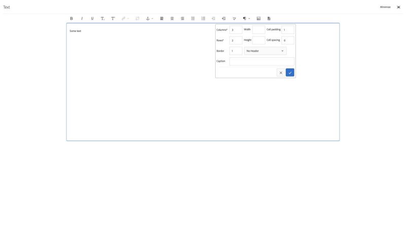 Text Component Expanded Editor Insert Table dialog