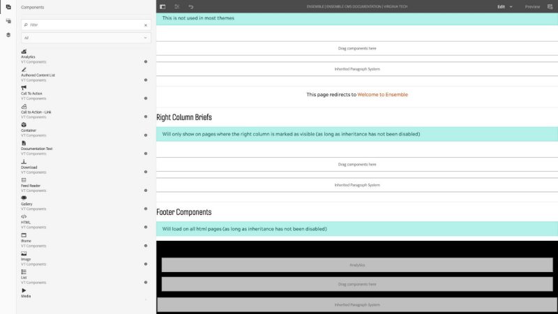 Analytics Component in the 'en' page Footer Components drop zone