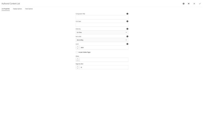 Authored Content Component List Properties configuration dialog