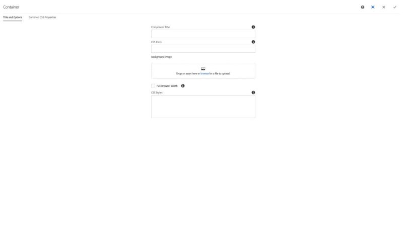 Container Component Title and Options configuration dialog