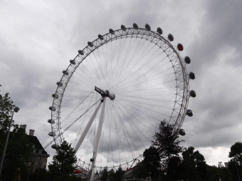 Photo of the London Eye Ferris Wheel from below with grey cloudy sky